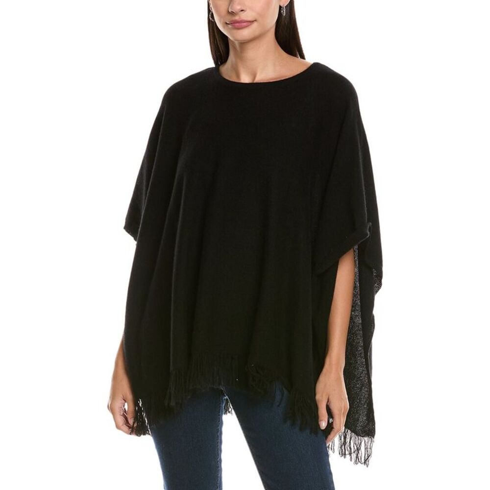 Forte Cashmere Fringe Cashmere Poncho, Black